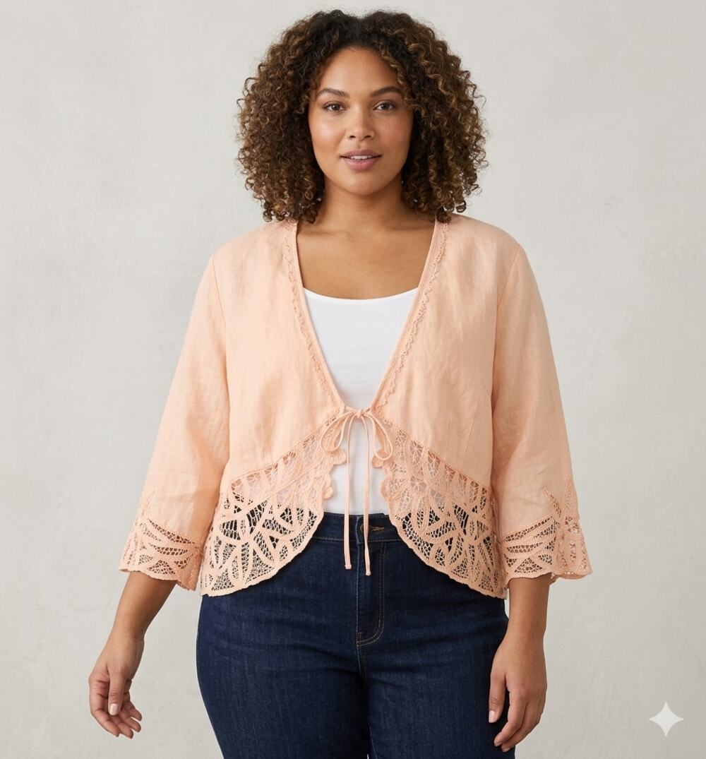 J.Jill 1X Peach Pink Linen Lace Tie Front Bolero Shrug Cardigan Boho